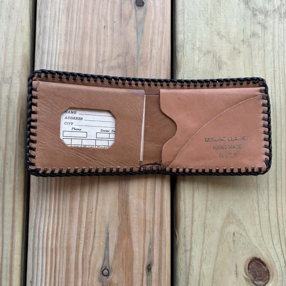 Vintage Bifold Leather Wallet Hand Tooled Western Cowboy Cow Cattle Whipstitch